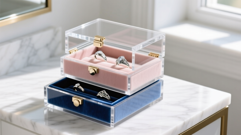Three-tier modular snap-on acrylic jewelry box with velvet compartments holding silver rings on a bright marble vanity top.