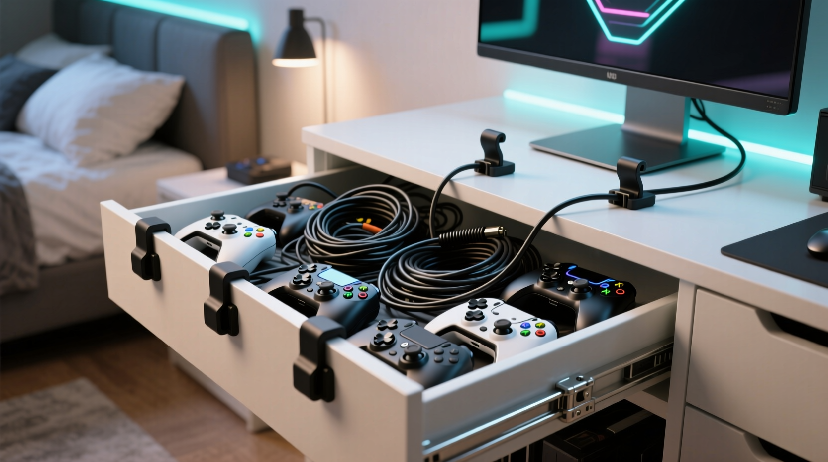 closet organization tips use gaming clips for cords