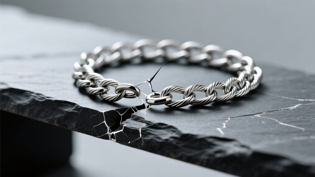 Close-up of a snapped 18-gauge sterling silver cable chain on a dark slate bench with soft lighting highlighting the fracture point