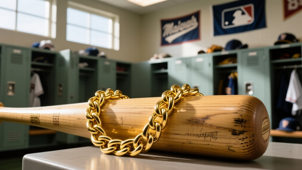 Close-up of a thick 14k yellow gold Miami Cuban link chain resting on a wooden baseball bat in a sunlit major league locker room