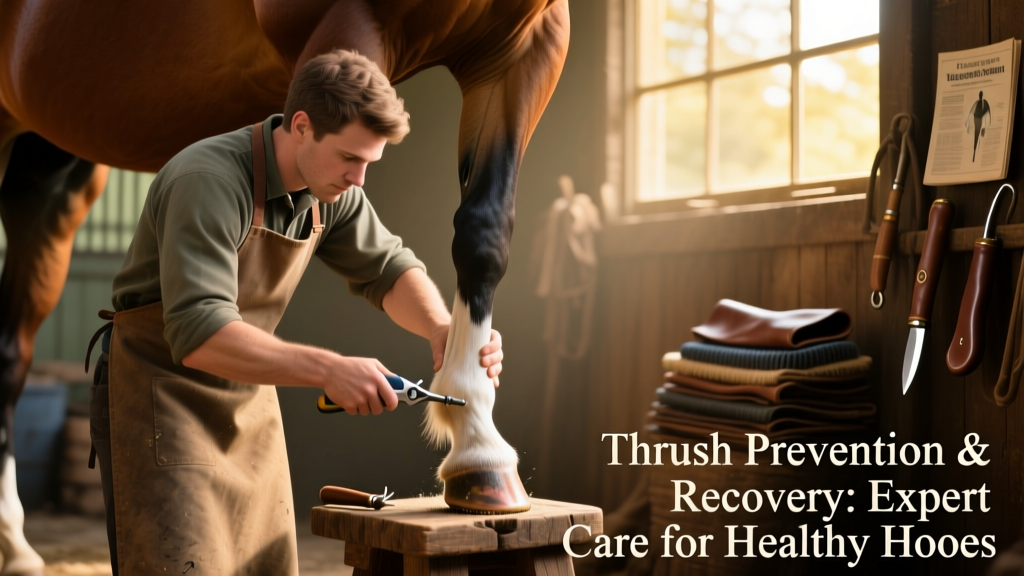 Certified hoof trimmer gently trimming the frog and sole of a horse's hoof during routine care