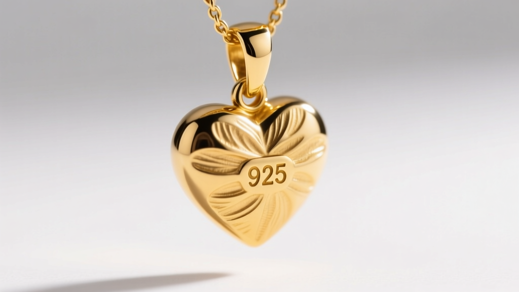 Macro shot of a gold vermeil heart pendant showing the 925 stamp on the bail, highlighting the rich yellow gold plated metal finish.