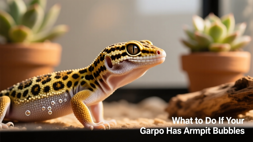Close-up of a healthy leopard gecko showing subtle armpit bubbles behind the front leg