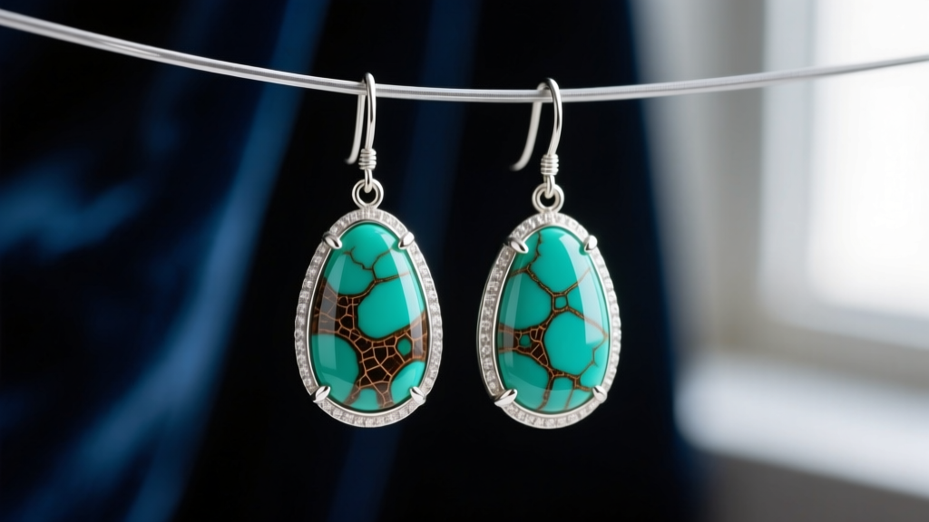 Macro shot of bezel-set Royston turquoise drop earrings featuring deep green stone with thick brown matrix webbing on dark velvet.