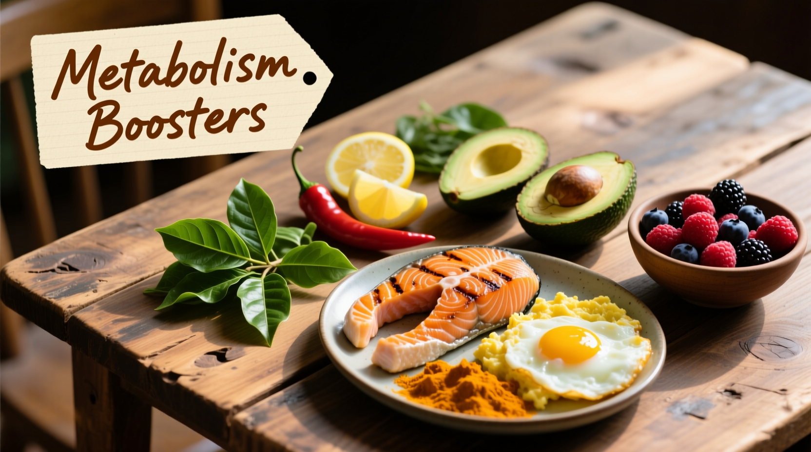 Metabolism boosting foods on wooden table