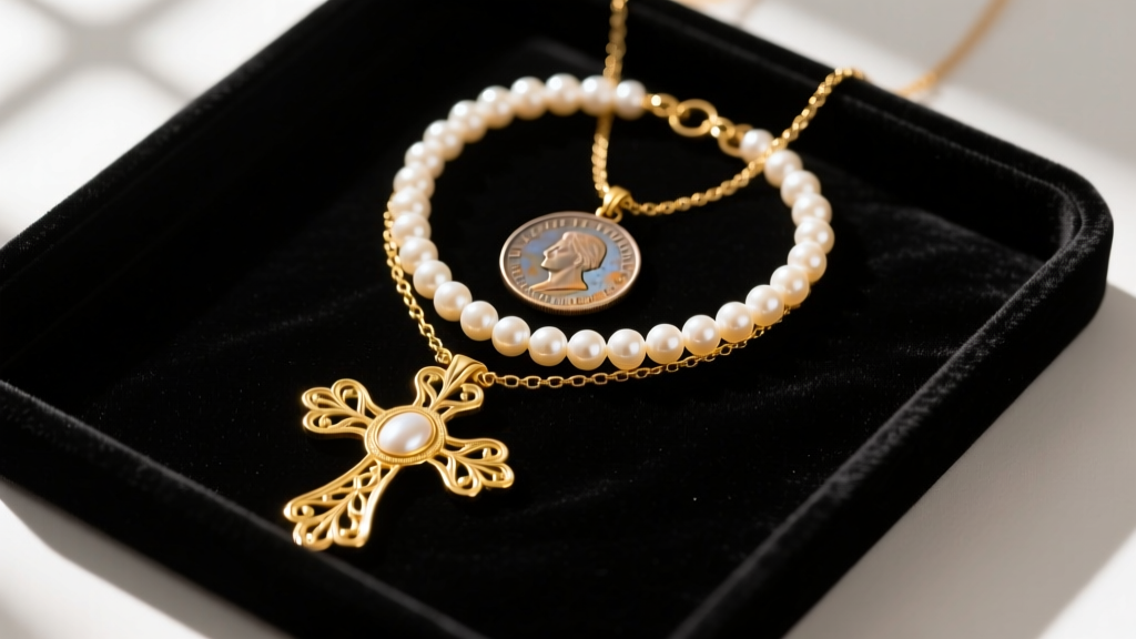 Flat lay of a gold-filled scapular necklace layered with a pearl choker and vintage coin pendant on a dark velvet jewelry tray.