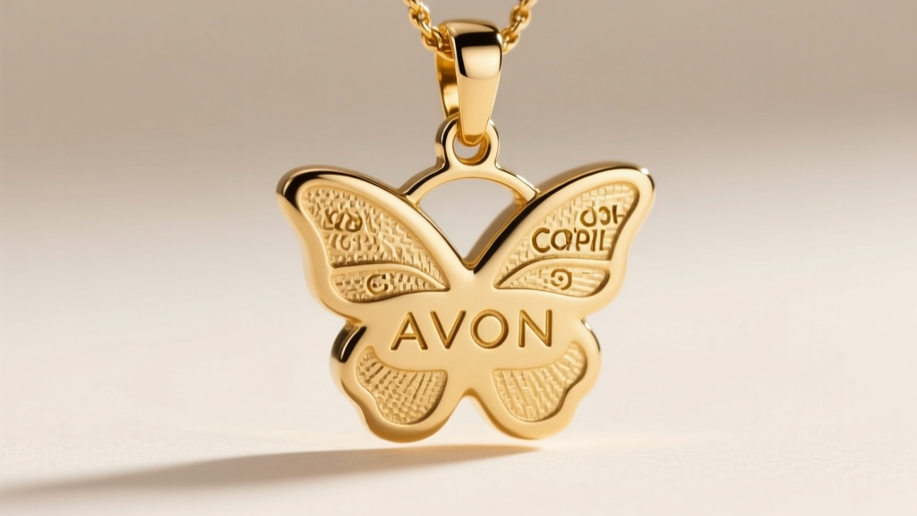 Macro photography of the back of an Avon butterfly pendant showing the stamped copyright AVON hallmark on textured gold metal.