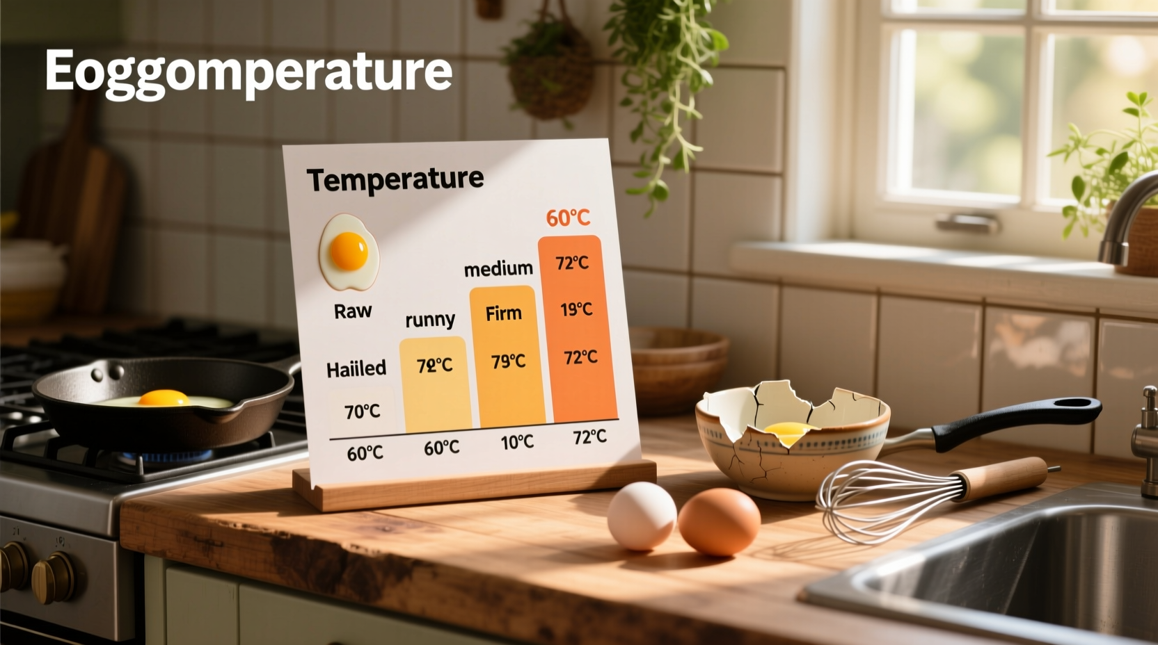 Egg cooking temperature chart on kitchen counter