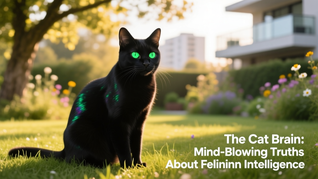 A sleek black cat with vivid green eyes sitting calmly on sunlit grass, gazing thoughtfully into the distance