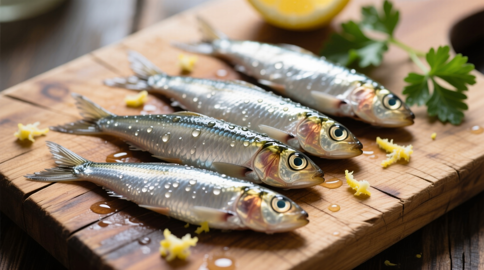 Fresh anchovies on wooden cutting board
