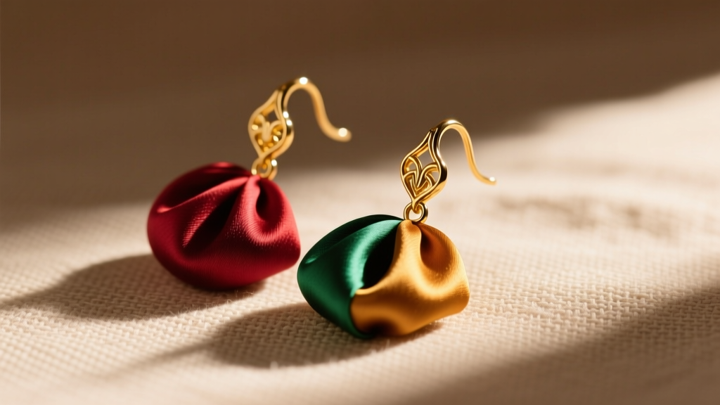 Macro shot of vibrant raw silk cloth earrings with gold-filled hooks resting on a textured linen surface in warm, natural sunlight