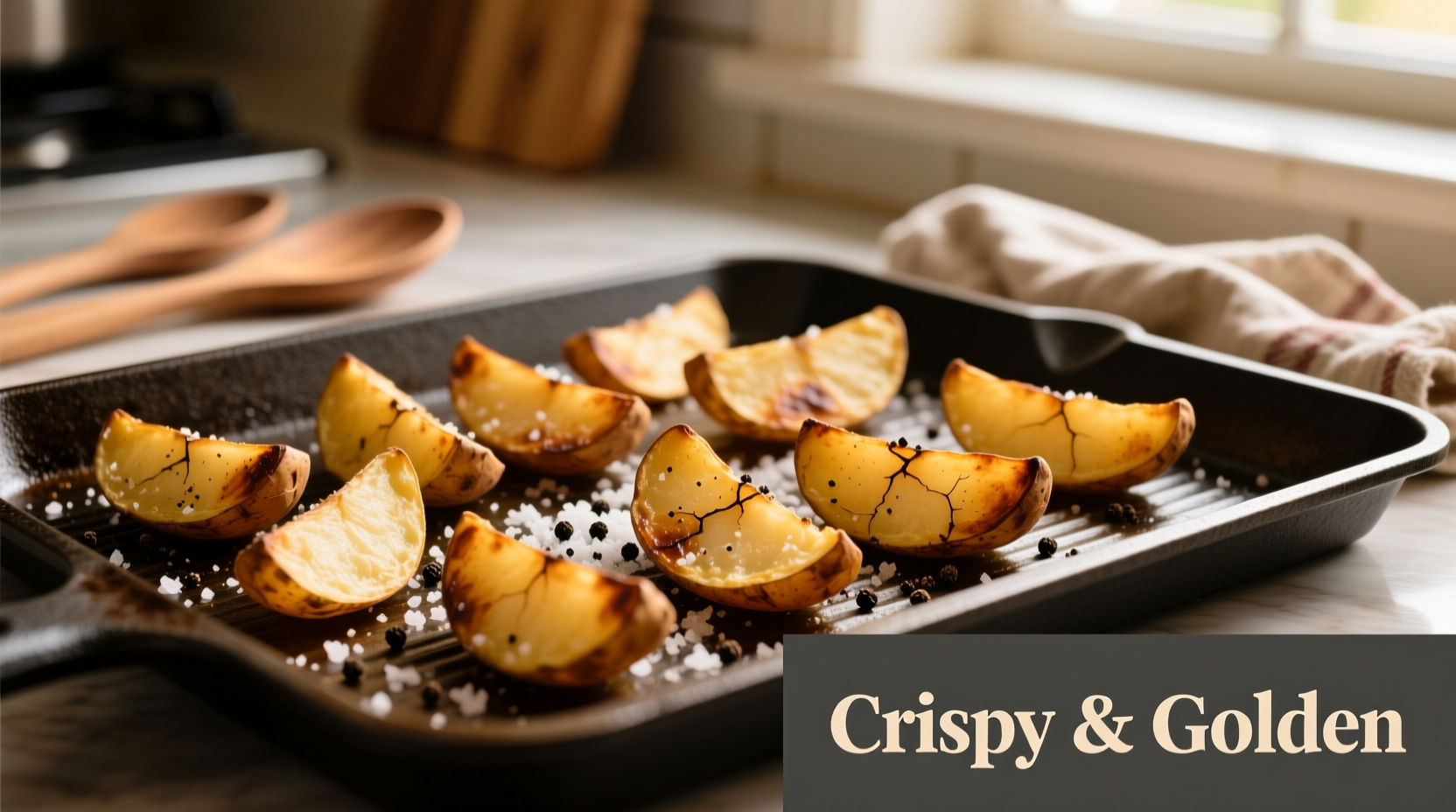 Golden brown potato wedges on baking sheet