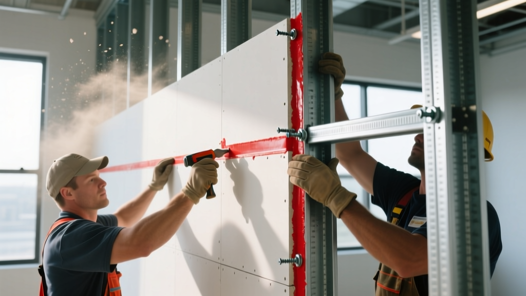 Workers installing thick Type C fire-rated gypsum board on a steel stud commercial shaft wall with red fire-stop sealant at the joints