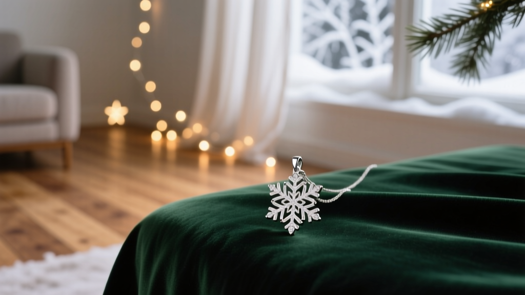 Sterling silver snowflake pendant on dark green velvet, lit by soft warm bokeh holiday fairy lights in a cozy winter room.