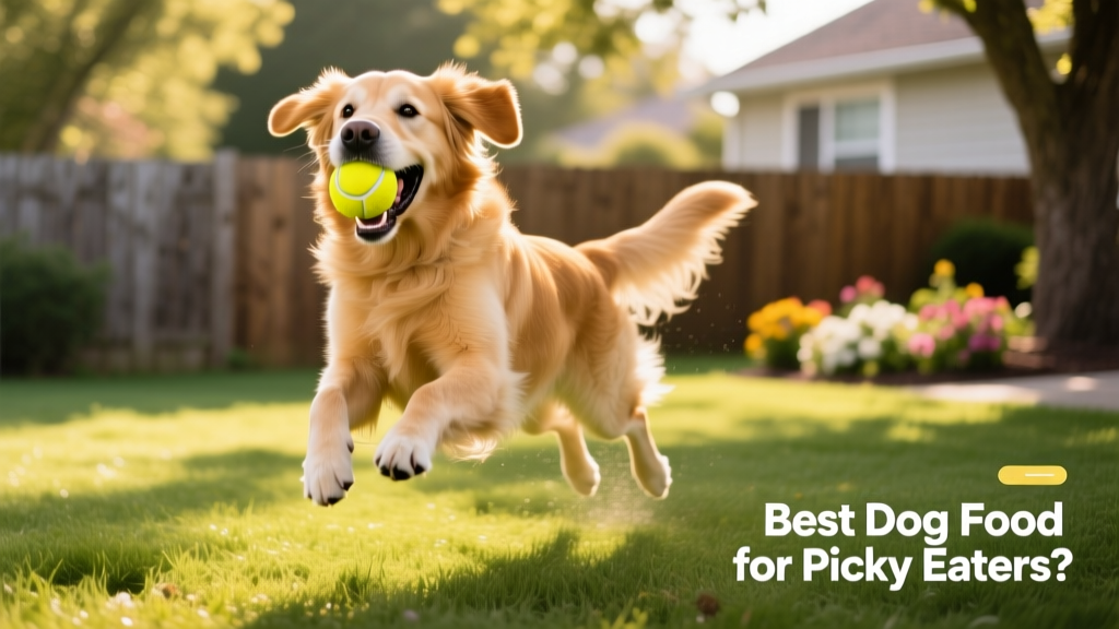 Dog happily playing with a durable tennis ball on grass, mid-activity