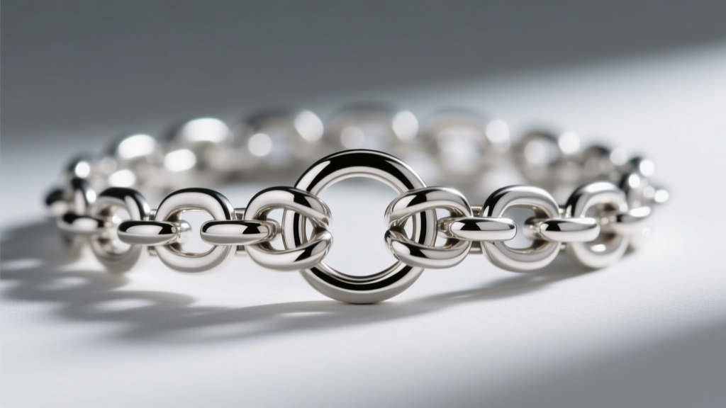 Macro shot of a multi-strand necklace spacer clasp in polished sterling silver, showing separate loops preventing chain crossover.