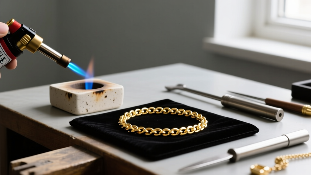 Jeweler workbench featuring a butane torch, ceramic soldering block, and a cut piece of gold figaro chain ready for soldering.