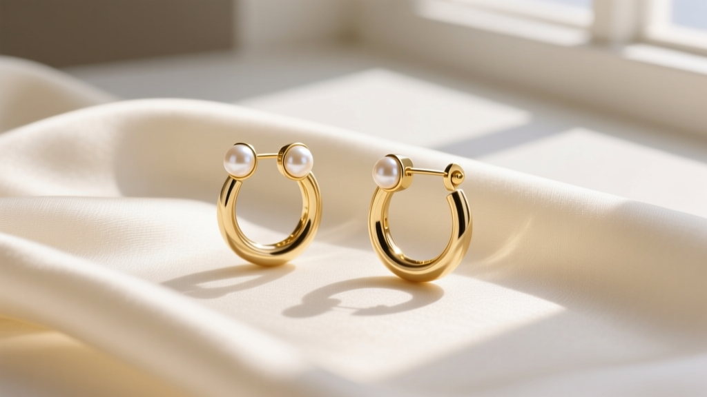 Flat lay of gold-tone Ann Taylor earrings including pearl studs and medium hoops on cream silk fabric with soft morning light