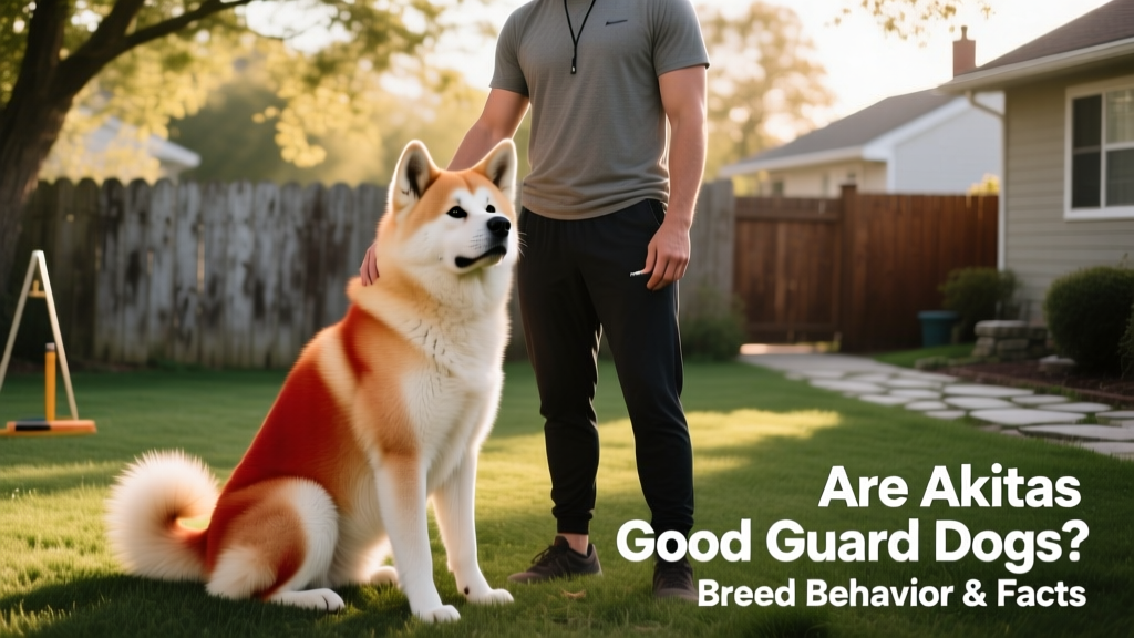 An Akita sitting attentively beside its owner during a calm outdoor training session, demonstrating focus and responsiveness