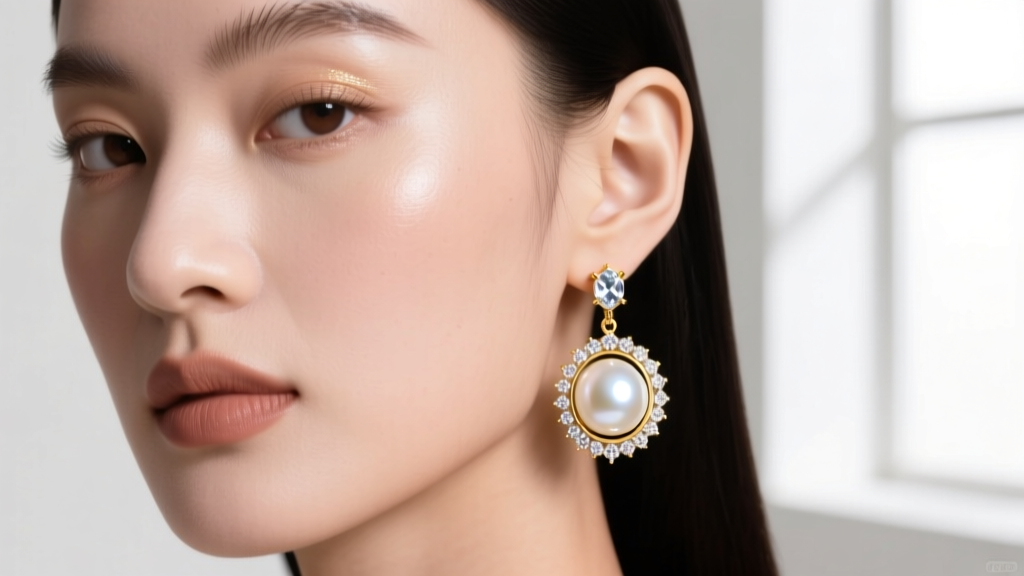 Close-up of a model wearing 18k gold drop earrings with a white Akoya pearl suspended beneath a sparkling pave crystal halo.