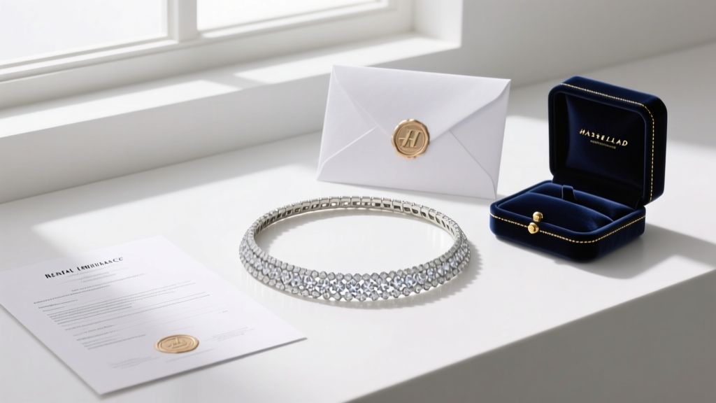 Flat lay of a luxury diamond choker necklace next to a rental contract, insurance document, and a dark velvet presentation box.