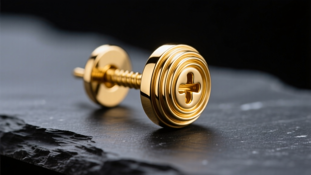 Macro shot of a 14k yellow gold screw-back earring post with precise threading, resting on dark slate under bright studio lighting.