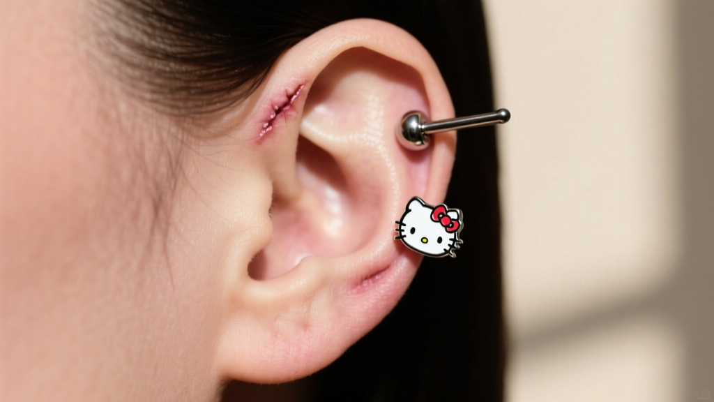 Side profile of a healed ear showing a perfectly fitted 14g industrial piercing with a flat-back, low-profile Hello Kitty end