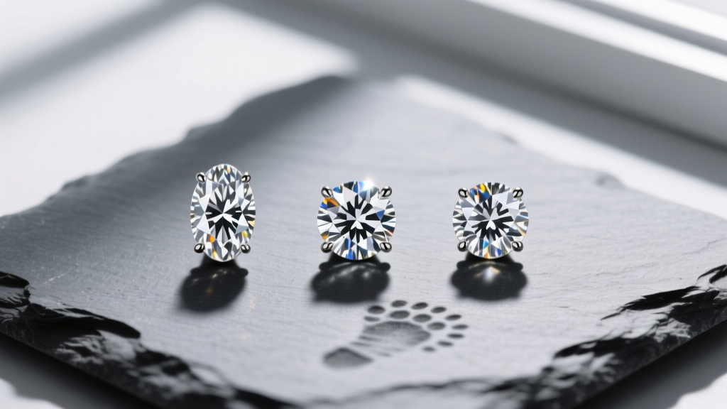 Top-down view of 0.50-carat oval, princess, and round diamond studs on gray slate, comparing exact millimeter footprints and spread.
