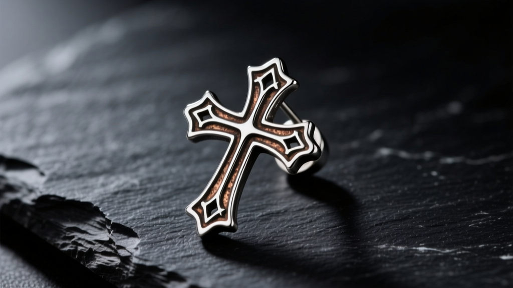 Macro shot of a .925 sterling silver cross earring on black slate, highlighting deep oxidation in the carved gothic grooves