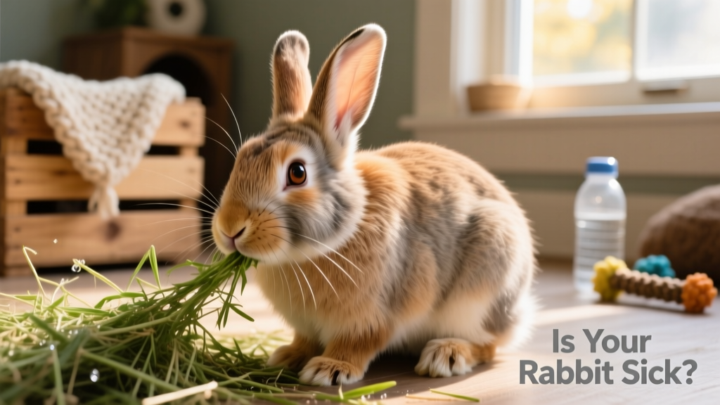 Side view of a healthy rabbit munching on fresh timothy hay