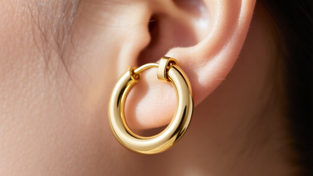 Close-up of an 18k gold huggie hoop with a hidden clicker clasp, showing smooth, snag-free continuous geometry on a human earlobe
