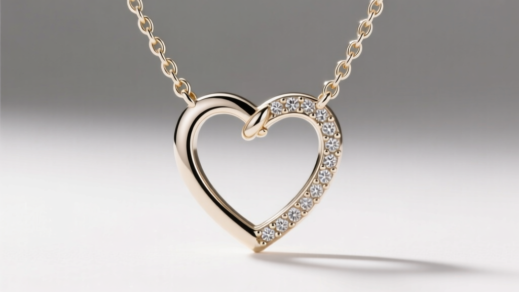 Macro shot of a 14k white gold heart necklace spring ring clasp and cable chain links, highlighting prong settings under bright light.