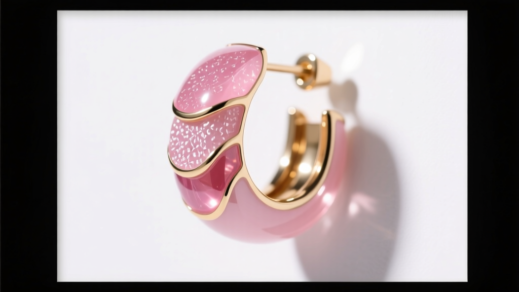 Macro view of cold enamel, vitreous enamel, and acrylic pink earring surfaces under bright light, showing unique texture and gloss