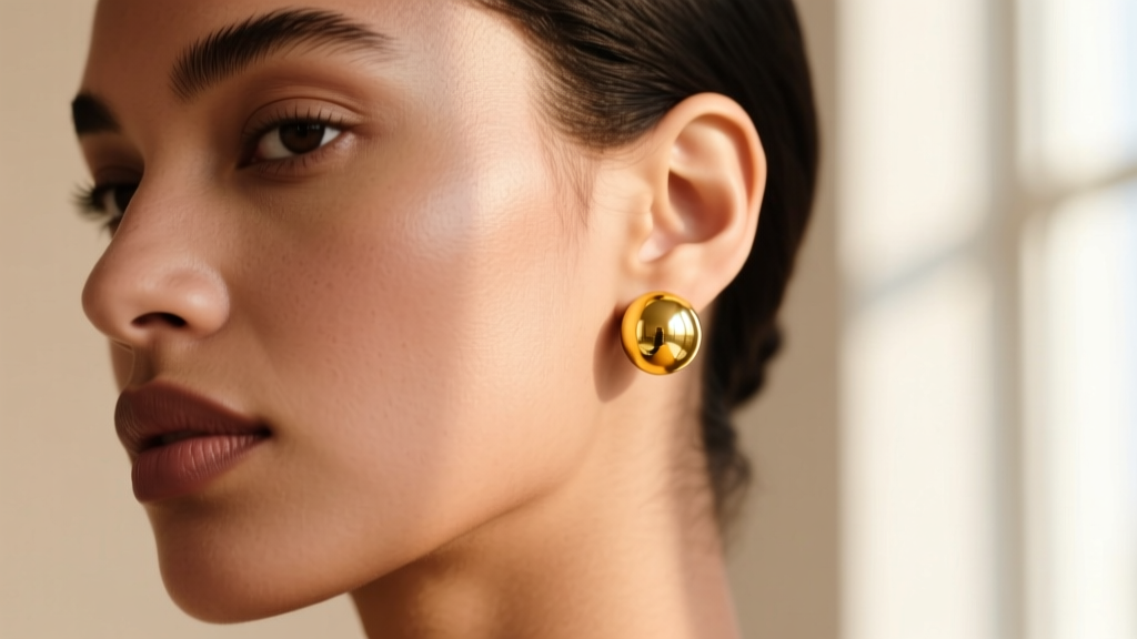 Close-up of a model wearing 8mm solid 14k yellow gold ball stud earrings, soft studio lighting highlighting the metallic reflection.