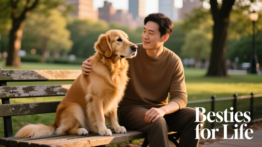A dog sitting calmly beside their person on a park bench, looking relaxed and attentive, with a gentle hand resting nearby