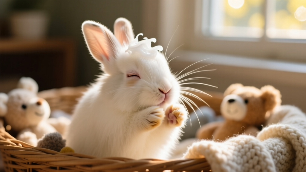 Close-up of a small rabbit gently grooming its face with its front paws