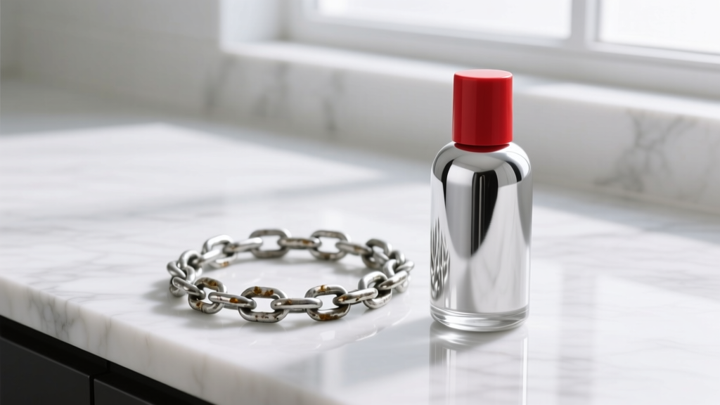 Tarnished sterling silver chain beside a red-capped liquid silver cleaner bottle on a white marble counter, soft studio lighting.