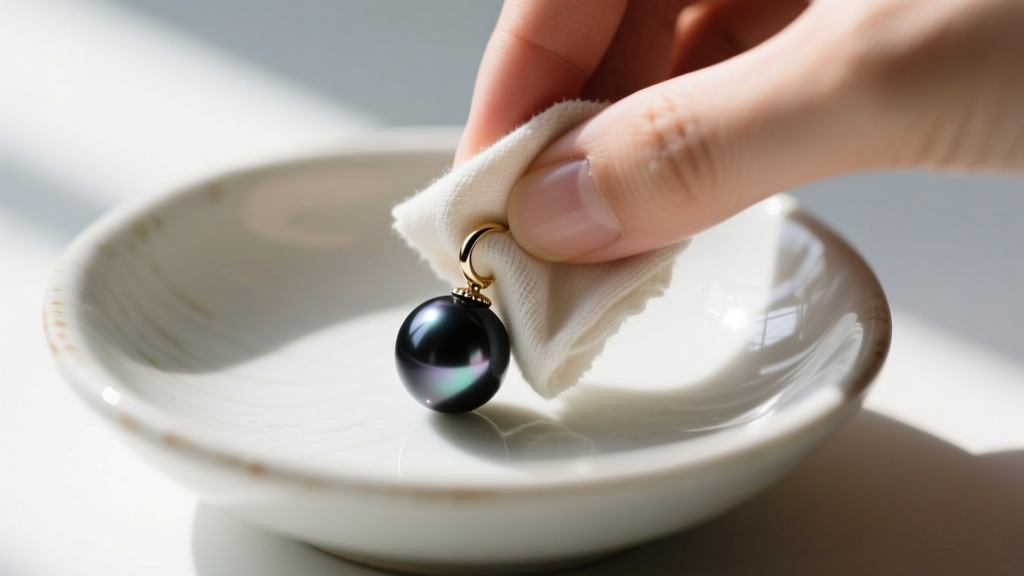Hands gently wiping a vintage black pearl earring with a soft damp microfiber cloth over a ceramic bowl, avoiding harsh chemicals.