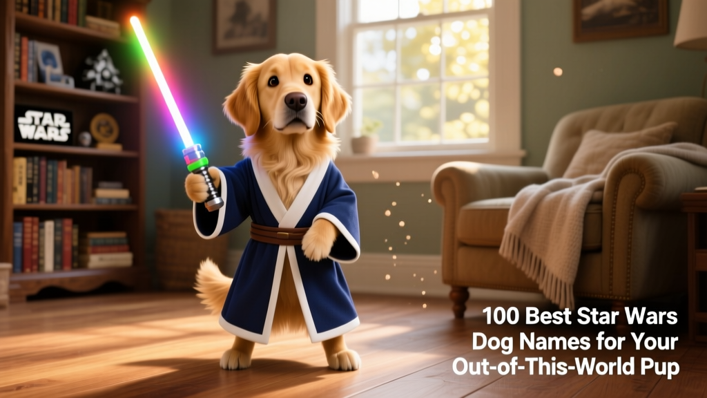 A playful golden retriever wearing a tiny Jedi robe and holding a toy lightsaber