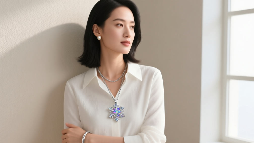 Woman wearing a layered stack with a Disney Enchanted snowflake pendant on an 18-inch chain over a white button-down blouse.