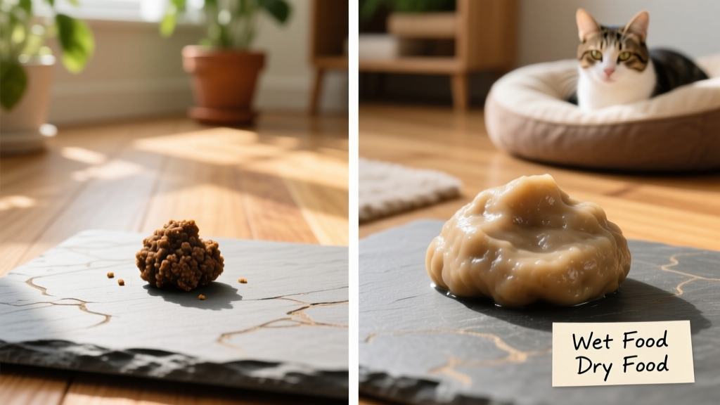 Side-by-side comparison of a cat's stool on dry food versus wet food—showing smaller, firmer, less frequent stools on wet food