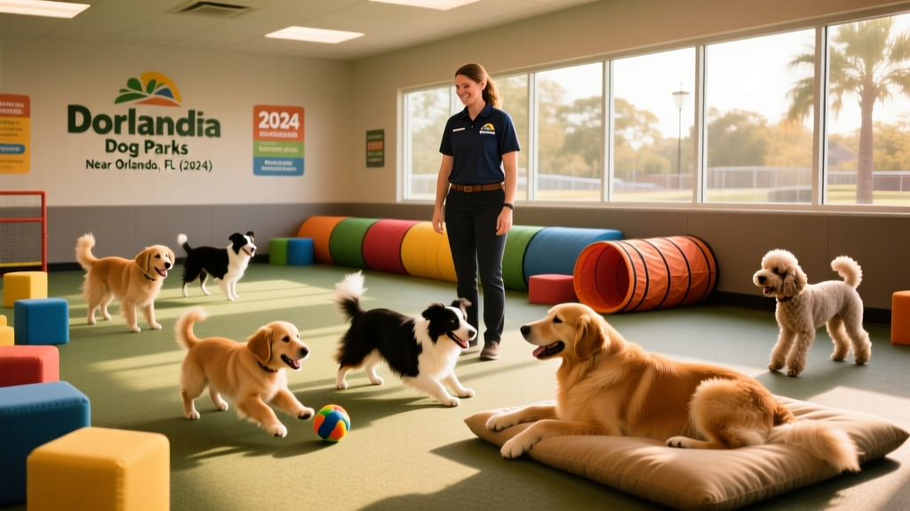 A supervised indoor dog play area with rubber flooring, soft obstacles, and a staff member observing dogs interacting safely