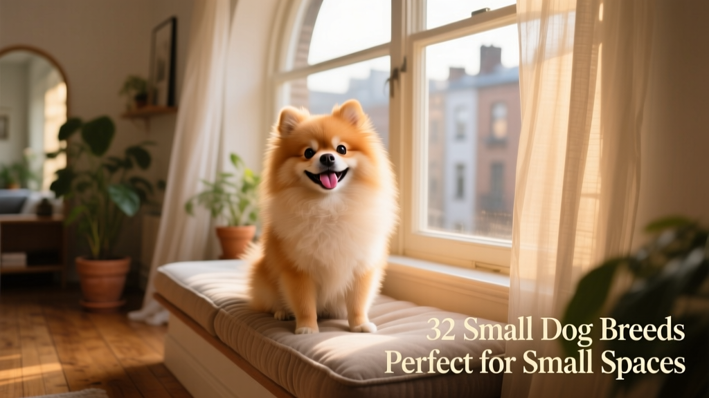 A smiling Pomeranian seated on a cushioned window seat, bathed in soft natural light, tongue lolling happily