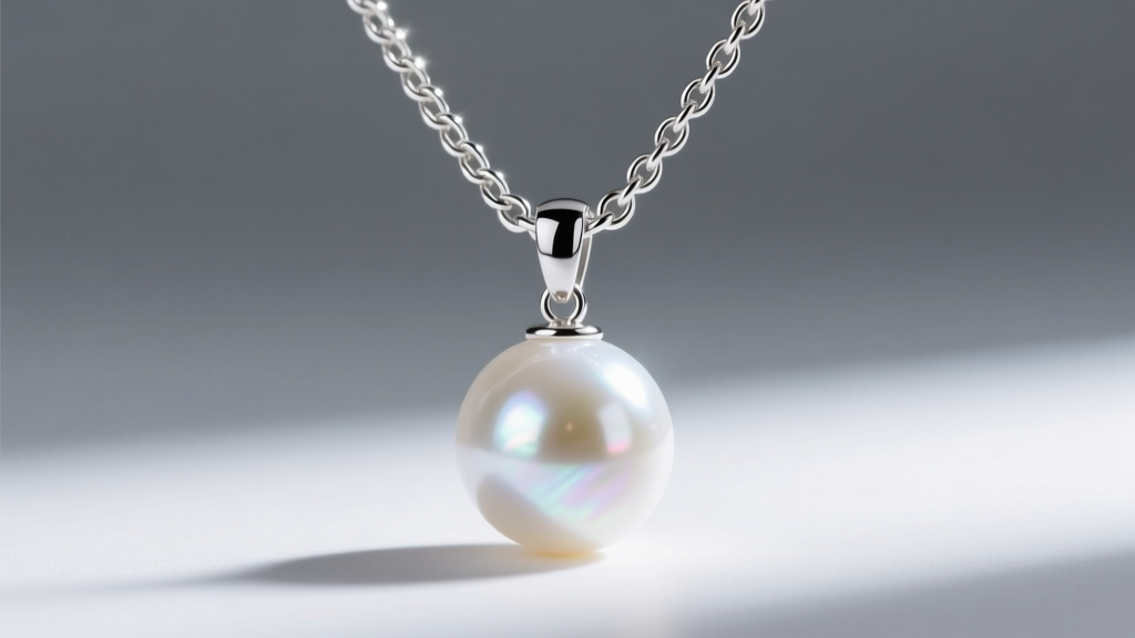 Macro shot of a 0.9mm sterling silver box chain connecting to a round white Akoya pearl pendant, showing detailed metal texture
