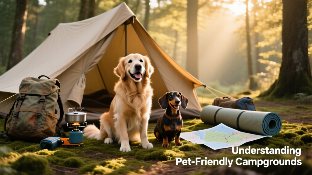 Two dogs happily sitting beside a tent at a forested campsite, with hiking gear nearby