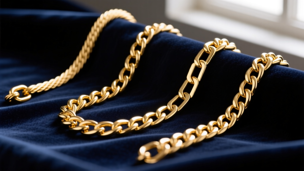 Macro shot of three gold chain styles: a cable chain, a box chain, and a rolo chain resting on dark velvet fabric.