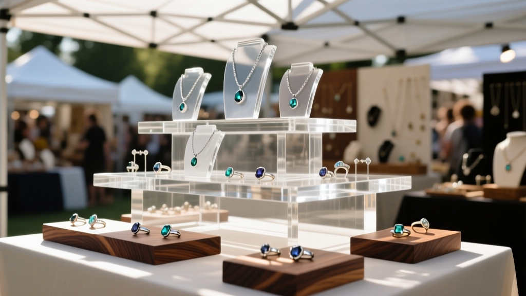 Wide shot of a sunlit craft show booth featuring tiered jewelry displays made of clear cast acrylic and dark walnut wood.