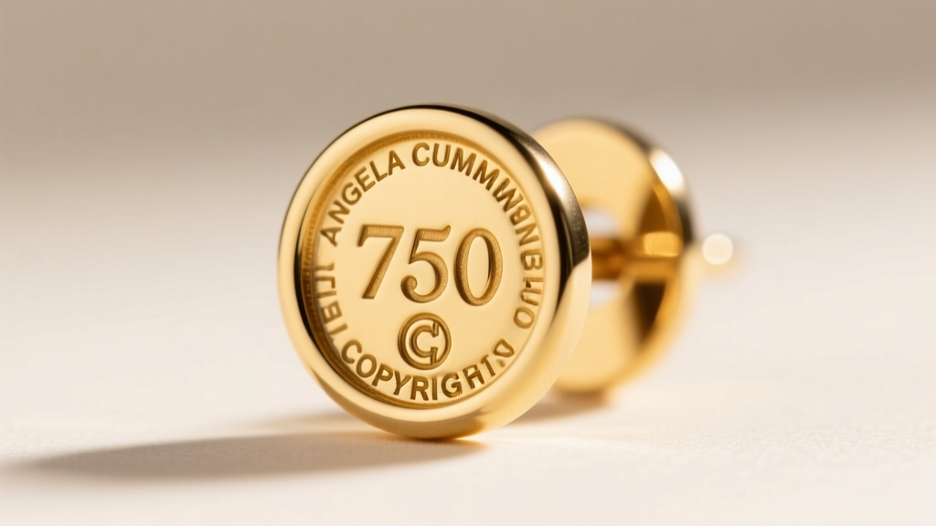 Macro shot of an Angela Cummings earring back showing the stamped 750 hallmark and copyright symbol in crisp 18k yellow gold.