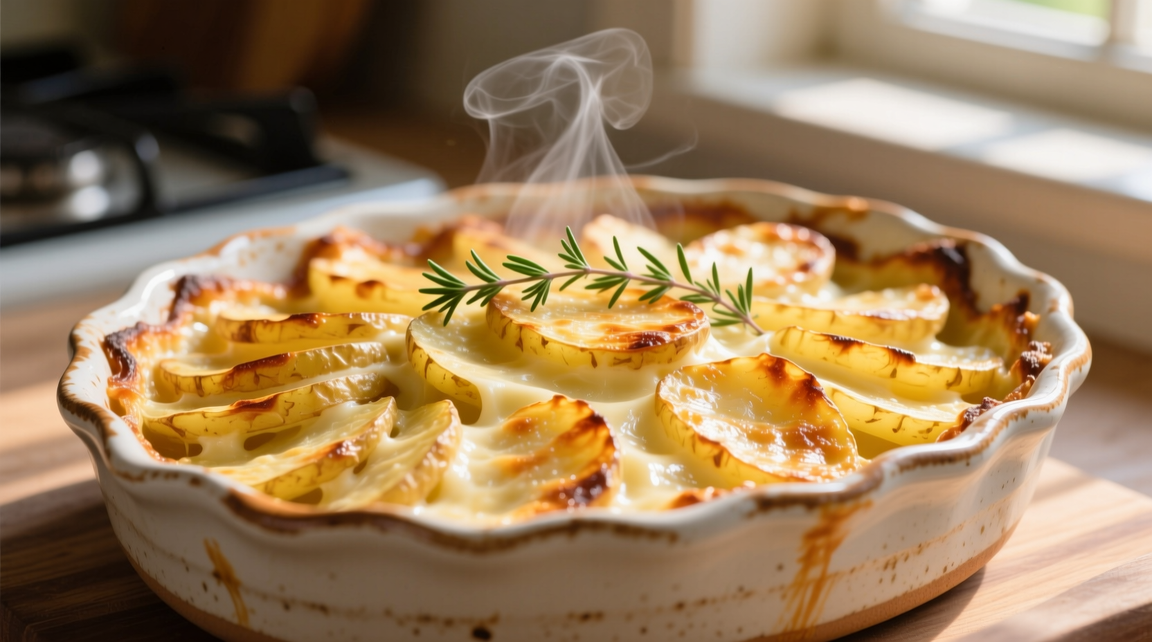 Golden layered potato gratin in ceramic dish