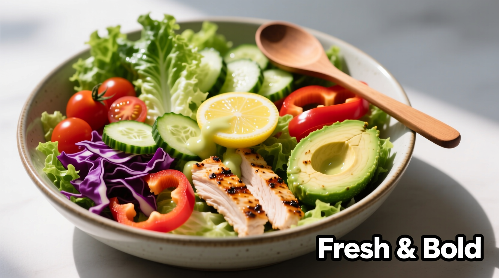 Colorful chicken salad bowl with fresh vegetables